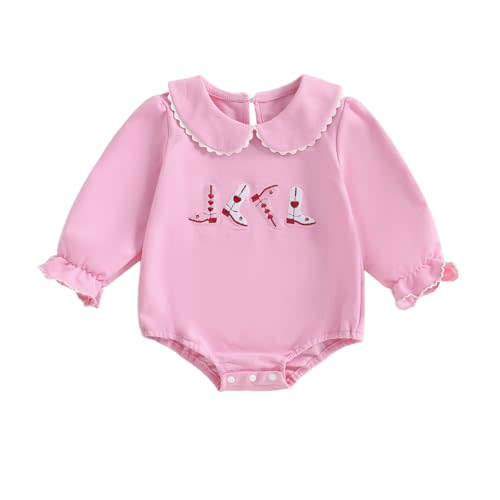 Baby Girl Western Clothes Boots Embroidery Peter Pan Collar Long Sleeve Bubble Romper Bodysuit Newborn Cowgirl Outfit