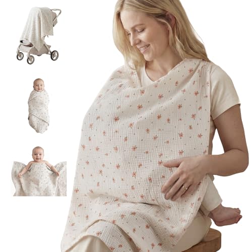 Blissful Diary Muslin Multi-Use Cloth - 4-in-1 Privacy Nursing Cover, Swaddle Blanket, Car Seat Cover, Burp Cloth, Portable Breastfeeding Essentials for Women, Baby Must Have (Pink Floral)