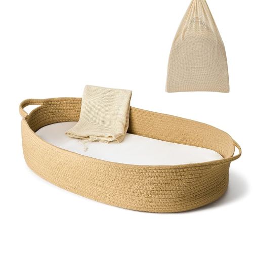 ECOADE Baby Changing Basket - Moses Basket Changing Table Topper and Thick Foam Pad with Removable Cotton Mattress Cover, 100% Cotton Boho Nursery Decor with Storage Bag