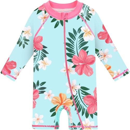 HUAANIUE Baby/Toddler Girls Long Sleeve Zipper Closure Swimsuit One Piece Swimwear with UPF50+ Sun Protection
