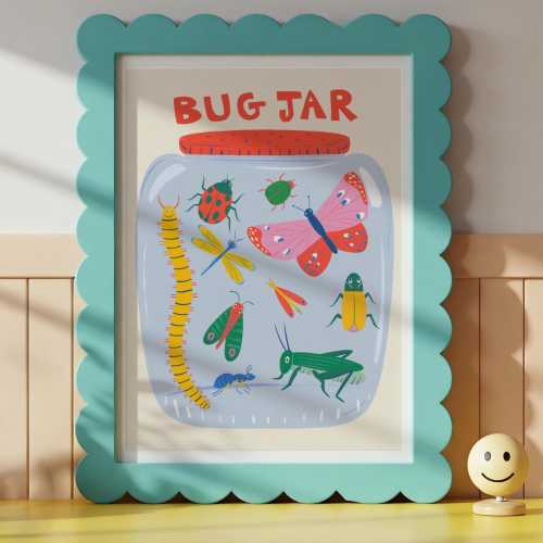 Bug Jar Insect Art Print for Kids – Colorful Playroom Wall Art, Nature-Inspired Nursery Decor, Summer Bug Illustration for Children's Room