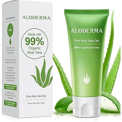 Aloderma 99% Organic Aloe Vera Gel Made within 12 Hours of Harvest, Easy Travel Size Tube for Body, Face, & Scalp, Cooling, Soothing Instant Relief for Skin & Sunburn, Hydrating Aloe Gel, 1.5oz