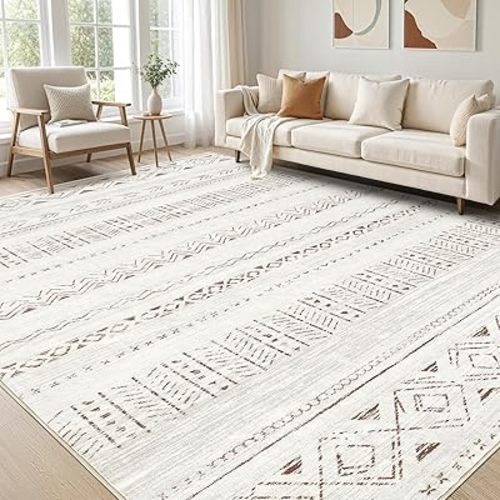 Area Rugs for Living Room Washable Living Room Rug Soft Neutral Indoor Floor Carpet Non-Slip Stain Resistant Modern Boho Rugs for Bedroom Dining Room Kids Room Nursery Office Home Brown/Cream