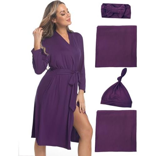 Maternity Robe with Matching Swaddle Set, Mommy Me Set Soft Women Maternity Sleepwear Bathroom Long Sleeves Robe
