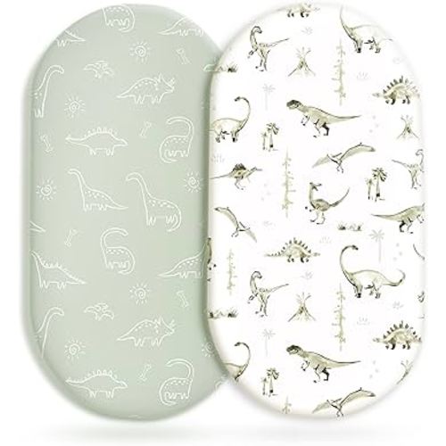 Stretch Ultra Soft Fitted Bassinet Sheet Set 2 Pack, Universal Fit for Bassinets Baby Cradle Moses Basket Oval Rectangle Mattress Safe and Snug, Dinosaur