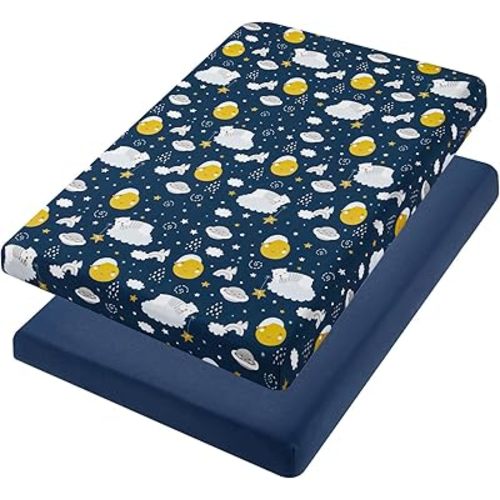 TILLYOU Mini Crib Fitted Sheets - Soft Knit Sheet for Pack N Play, Microfiber Mini Crib Sheets, Playpen Bedding Sheet for Baby 2 Pack, Machine Washable, 38'' x 24'', Starry Adventure and Dark Blue