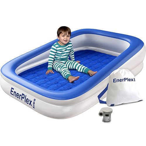 EnerPlex Kids Inflatable Travel Bed with High Speed Pump, Portable Blow up Toddler Air Mattress with Sides – Built-in Safety Bumper - Blue