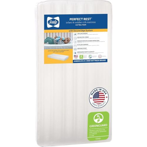 Sealy Baby Perfect Rest Waterproof Crib Mattress plus Toddler Bed Fit, Premium 150 Extra Firm Coils, Non Toxic, Airy Cushioning, GREENGUARD Gold Certified, Safety & Quality Tested, Made in USA, 52X28"