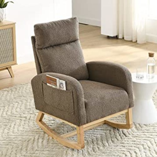 Nursery Rocking Chair with Solid Wood Legs, Glider Chair for Nursery with Two Side Pockets, Rocker Armchair for Living Room Bedroom (Coffee, Teddy Fabric)