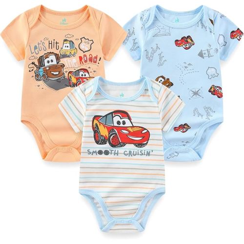 Disney Baby Toy Story Mickey Mouse Cars Winnie the Pooh Boys 3 Pack Bodysuit Creeper for Newborn and Infant
