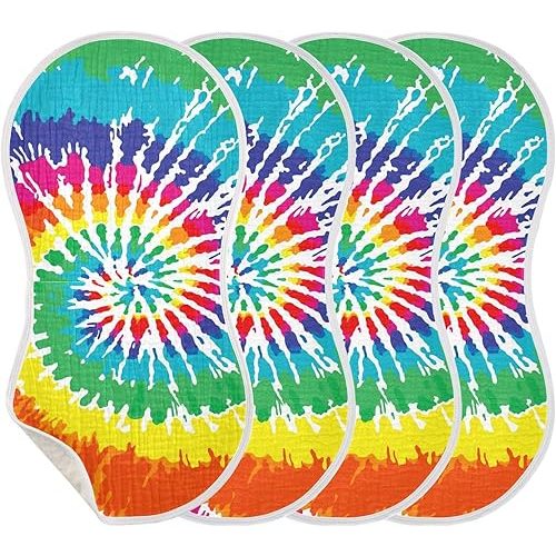 Muslin Burp Cloths for Baby Boys and Girls - 4-Pack Ultra Absorbent Colorful Tie Dye Muslin Washcloths, Newborn Towel, Milk Spit Up Rags, Burp Cloth Bib for Unisex, 22 x 11 Inch