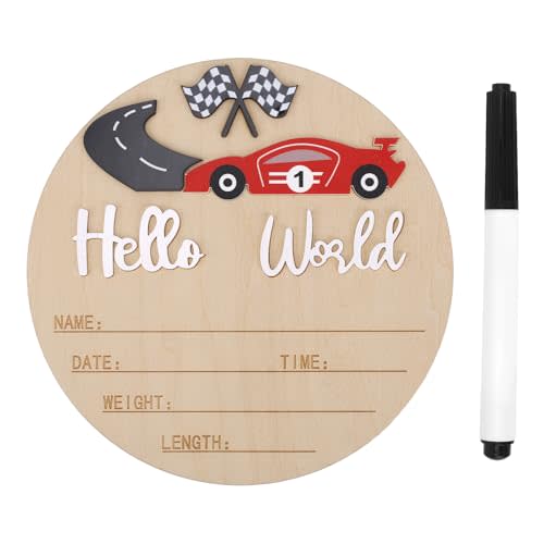Baby Announcement Sign, 15cm/5.91in Wooden Hello World Newborn Bulletin Board with Pen Race Car & Checkered Flag Decor Welcome Birth Name Plaque for Home Hospital Nursery