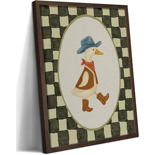 Vintage Cowboy Goose Framed Wall Art, Silly Goose Canvas Prints for Kids Room, Checkered Western Nursery Wall Decor in Wood Frame, Farmhouse Picture for Bedroom Living Room 8x10 inch