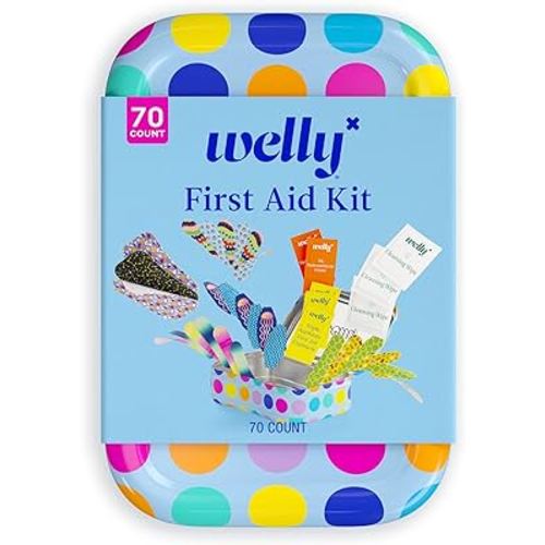 Welly First Aid Kit - Adhesive Bandages in Flexible Fabric and Waterproof, Singe Use Ointments (Triple Antibiotic, Cleansing Wipes and Hydrocortisone) - 70 Count