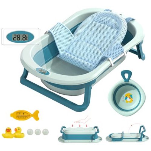 MONEHANE Foldable Baby Bath Tub for Boys and Girls, Portable Infants to Toddler Bathtub with Cushion & Thermometer,Unisex,Blue