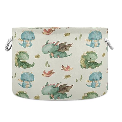 YETTASBIN Watercolor Cute Dragon Cotton Rope Basket Large Round Baby Laundry Basket Toy Blanket Books Storage Bin for Bedroom Bathroom Nursery Home Decor, 20 x 14 Inch