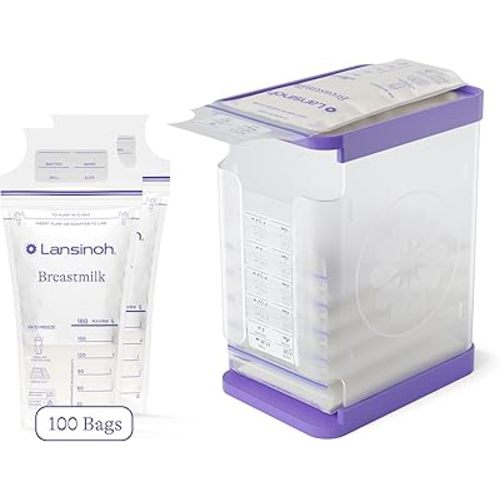 Lansinoh Breastmilk Storage Container with Quick-Freeze Tray, Stores 10 Bags + 100 Breastmilk Storage Bags, Baby Essentials, Fast Freeze & Thaw, Strong & Flexible, 6 Oz