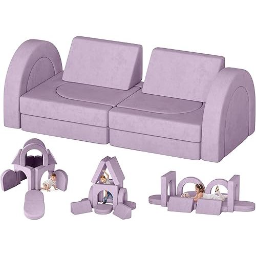 Blueberry Modular Toddler Couch - 12PCS with 4 Arches & 2 Triangular Cushions, Fold Out for Playroom & Bedroom