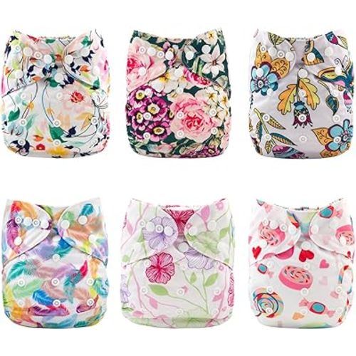 Babygoal Cloth Diaper Cover for Girls,Baby Adjustable Reusable Covers for Fitted Diapers and Prefolds, 6pcs Baby Clothes Covers+One Wet Bag 6DCF04
