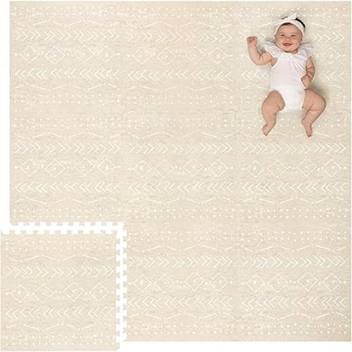 Baby Play Mat for Floor – 6x6ft Beige | Soft Non Toxic Premium EVA Foam Tiles for Tummy Time, Crawling & Playroom – Waterproof for Hard Floors Mat for Babies & Toddlers by Lillefolk (9 Tiles)