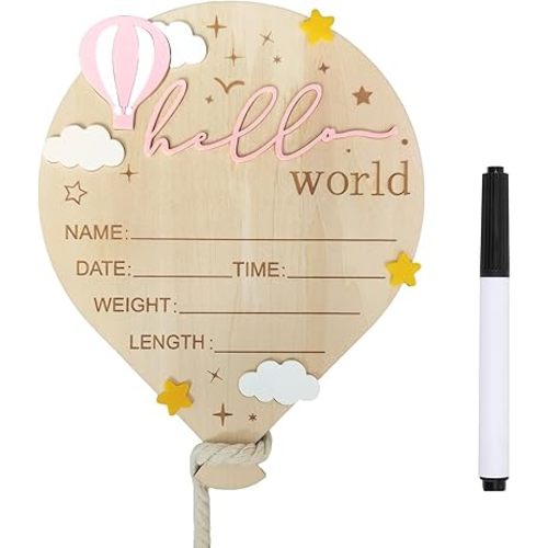 Baby Announcement Sign, ​5.9 Inch Wooden Hello World Newborn Signs, Birth Announcement Sign, Hot Air Balloon and Stars Decoration, Welcome Newborn Arrival To World, Hospital Nursery for Baby (Pink)