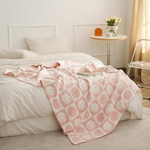 Baby Throw Blankets with Smiley Faces Checkered Reversible Soft Cozy Warm Blanket for Bed Sofa Travel (Grid Smile,Lotus Pink,28"x40")