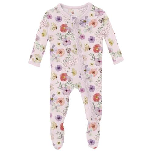 Print Muffin Ruffle Footie with 2 Way Zipper in Shrinking Violet Pressed Flowers