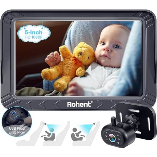 Rohent Baby Car Camera HD 1080P - Rear-Facing Infant Monitor with Night Vision Car Camera for Baby 150° Wide-Angle Lens Anti-Glare Screen Easy Install 360° Adjustable Display