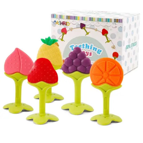 NASHRIO Baby Teething Toys Pack of 5 - Silicone BPA Free Natural Organic Freezer Safe Teethers for Newborn Infant, Soft & Textured - Babies Shower Gift