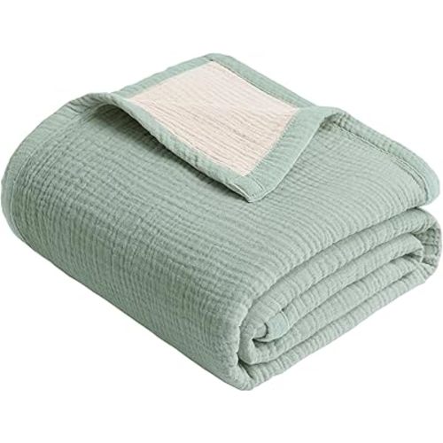 Konssy 100% Cotton Muslin Baby Quilt - Soft, Lightweight Nursery Crib Blanket for Baby Boys and Girls 43"x40" (Green)