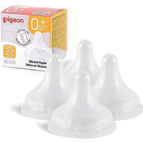Pigeon Silicone Nipple (SS) with Latch-On Line, Natural Feel, 0+ Months, 4 Counts