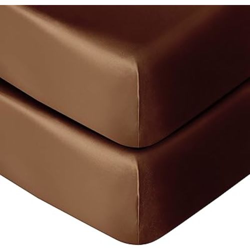 NTBAY 2 Pack Silk Satin Fitted Crib Sheet, Super Soft and Silky 28x52 Crib Sheet for Standard Crib and Toddler Mattresses, Boys, Girls, Unisex, Brown, 28x52 Inches