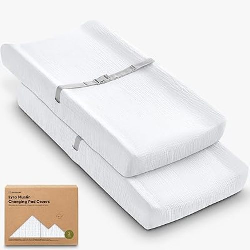 2-Pack Muslin Diaper Changing Pad Covers Boy, Girl – Soft Breathable Muslin Cotton Changing Table Cover, Organic Baby Changing Pad Sheets, Contoured Change Pads Liners Washable 34 x 18 (Soft White)