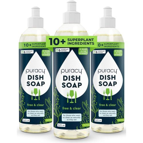 Puracy Natural Dish Soap - Unscented Skin-Softening Plant-Based Dishwashing Soap, Non-Toxic Dish Soap, Fragance Free Organic Liquid Dishwashing Detergent Soap (Free & Clear, 16 fl oz, 3 Pack)