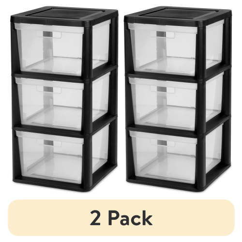 (2 pack) Sterilite 3 Drawer Tower, Plastic Storage Organizer with Removable Clear Bins, Easy Assembly, No Tools Needed, Black