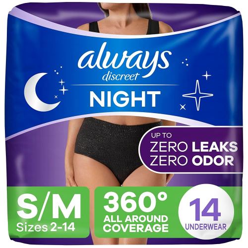 Always Discreet Incontinence Overnight Underwear for Women, Size S/M, Up to 100% Bladder Leak Protection, 14 Count