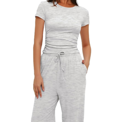 Darong Women's 2 Piece Outfits Lounge Sets Ruched Short Sleeve Tops and High Waisted Wide Leg Pants Tracksuit Sets