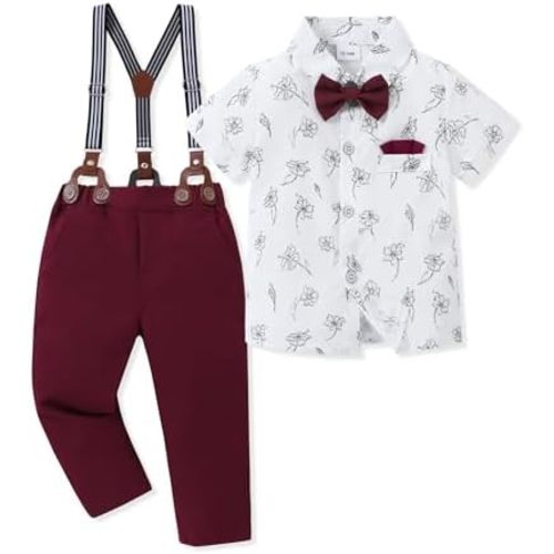 SANMIO Toddler Baby Boy Clothes Suit Gentleman Wedding Outfits, Formal Dress Shirt with Bowtie + Suspender Pants 1-5 Years