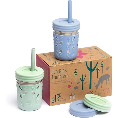 Elk and Friends Stainless Steel Cups | 10 oz Mason Jar design | Kids & Toddler Cups with Silicone Sleeves & Straws with Stopper | Smoothie Cups
