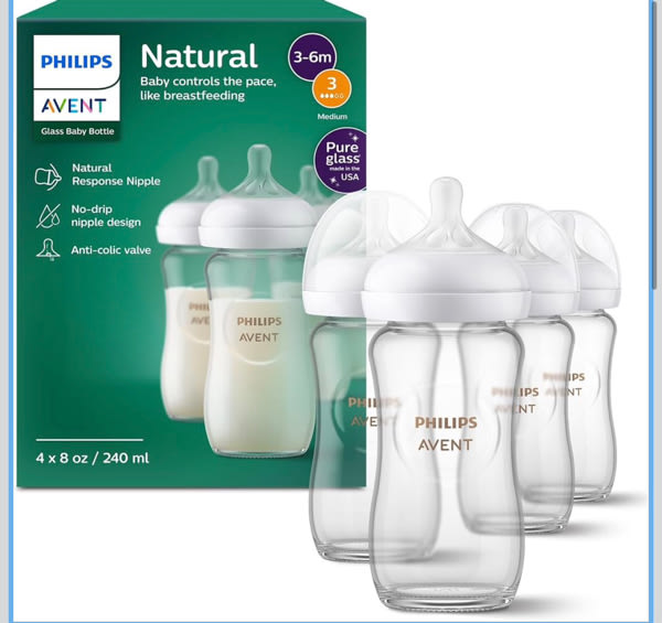 Philips Avent Natural Glass Baby Bottles with Natural Response Nipples (Medium Flow, Flow 3), 8oz, 4-Pack, SCY913/04