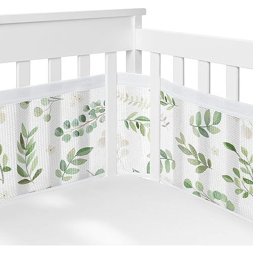 Sweet Jojo Designs + BreathableBaby Green Boho Floral Leaf Boy or Girl Breathable Mesh Crib Liner Baby and Infant - Sage Bohemian Gender Neutral Watercolor Botanical Woodland Garden Nature