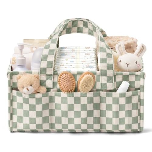 Corduroy Baby Diaper Caddy Organizer with Handles, Nursery Storage Basket | Portable Diaper Bag Car Caddy Organizer Bin for Wipes, Girl Boy Newborn Baby Essentials Shower Gift Registry Search Must Have