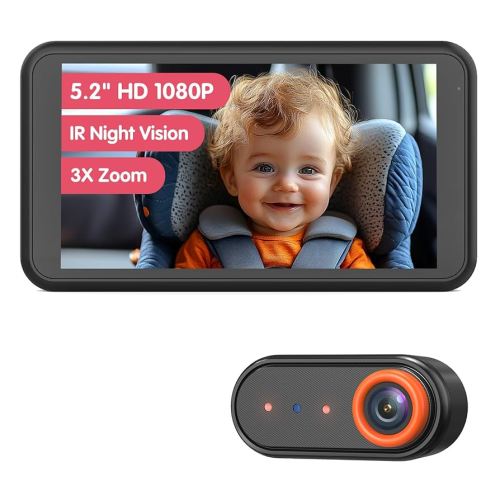 BM2A Baby Car Camera, Night Vision & 5.2" 1080P Display for Rear-Facing Car Seats, Easy No-Damage Install, Patented Anti-Shake Mount – Ideal for Parents and Pet Owners