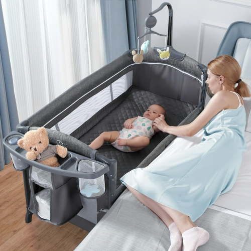 BabyBond Unisex Bassinet with Changing Pad, Music, 5-in-1 Portable, Foldable for 0-36 Months (Grey)