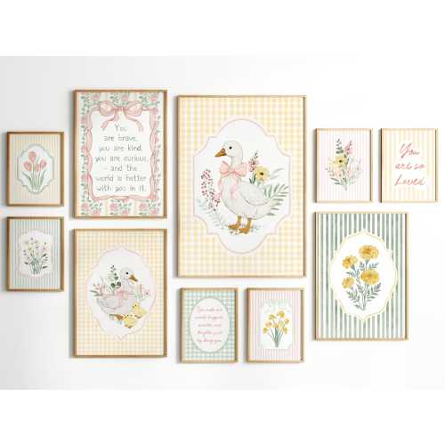 Vintage Goose Nursery Wall Art Set of 16, Gingham Floral Printable Decor, Pink Yellow Prints for Kids Room, Countryside Nursery Download