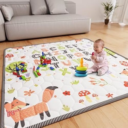 Baby Play Mat 50" X 50" Playpen Mat Waterproof Baby Floor Play Mat Non-Slip Cushioned Baby Crawling Mat Letter Playmats for Babies Toddlers Infants Tummy Time Activity (50x50, Letter Fox)