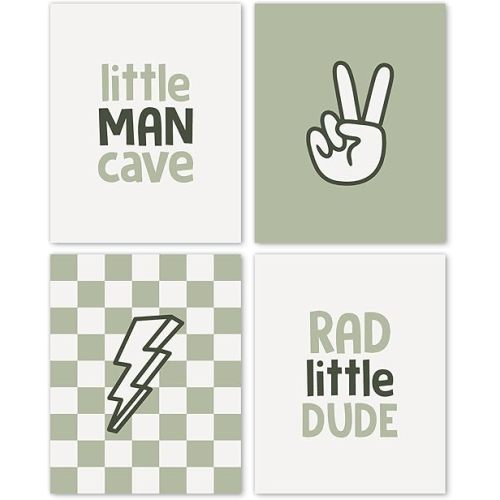 Hxlac Preppy Boho Nursery Boy Wall Art Prints Set of 4 UNFRAMED - Boys Room Playroom Wall Decor, Sage Green Boho Nursery Wall Decor for Toddler Baby Boy Room Decor (8x10 Inches)