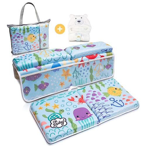 Bath Kneeler and Elbow Rest Pad Set - Includes Hooded Baby Towel, Baby Bath Cushion with 1.5" Neoprene Padding, 8 Suction Cups - Bath Tub Kneeler and Elbow Rest, 4 Mesh Pockets for Bath Essentials