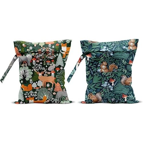 2Pcs Forest Animal Wet Bags 12x10 Inch, Cottage Core Botanical Waterproof Travel Laundry Bags, Squirrel Fox Wolf Reusable Wet Dry Bag for Swimsuit Pool Beach Diapers Dirty Yoga Gym Clothes