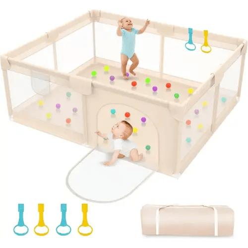 Playpen for Babies and Toddlers 79x71inch - Extra Large Baby Gate Play Pen with Soft Breathable Mesh Cover - Indoor and Outdoor Baby Playard - Portable Playpen for Babies (Apricot)